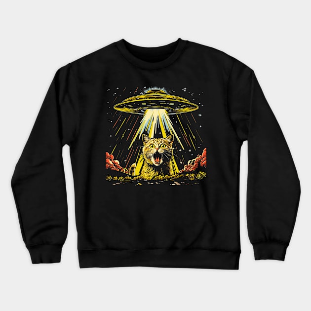 Shocked Cat and UFO Invasion Crewneck Sweatshirt by OscarVanHendrix